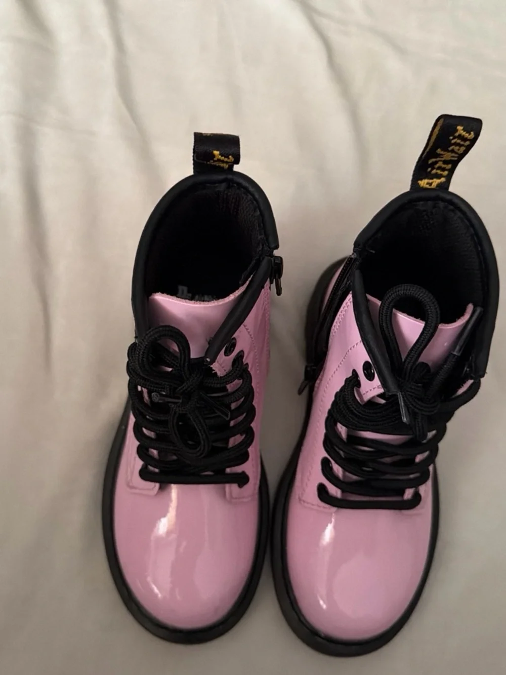Dr. Martens Kids Pink Patent Lace-Up Ankle Boots with Black Trim